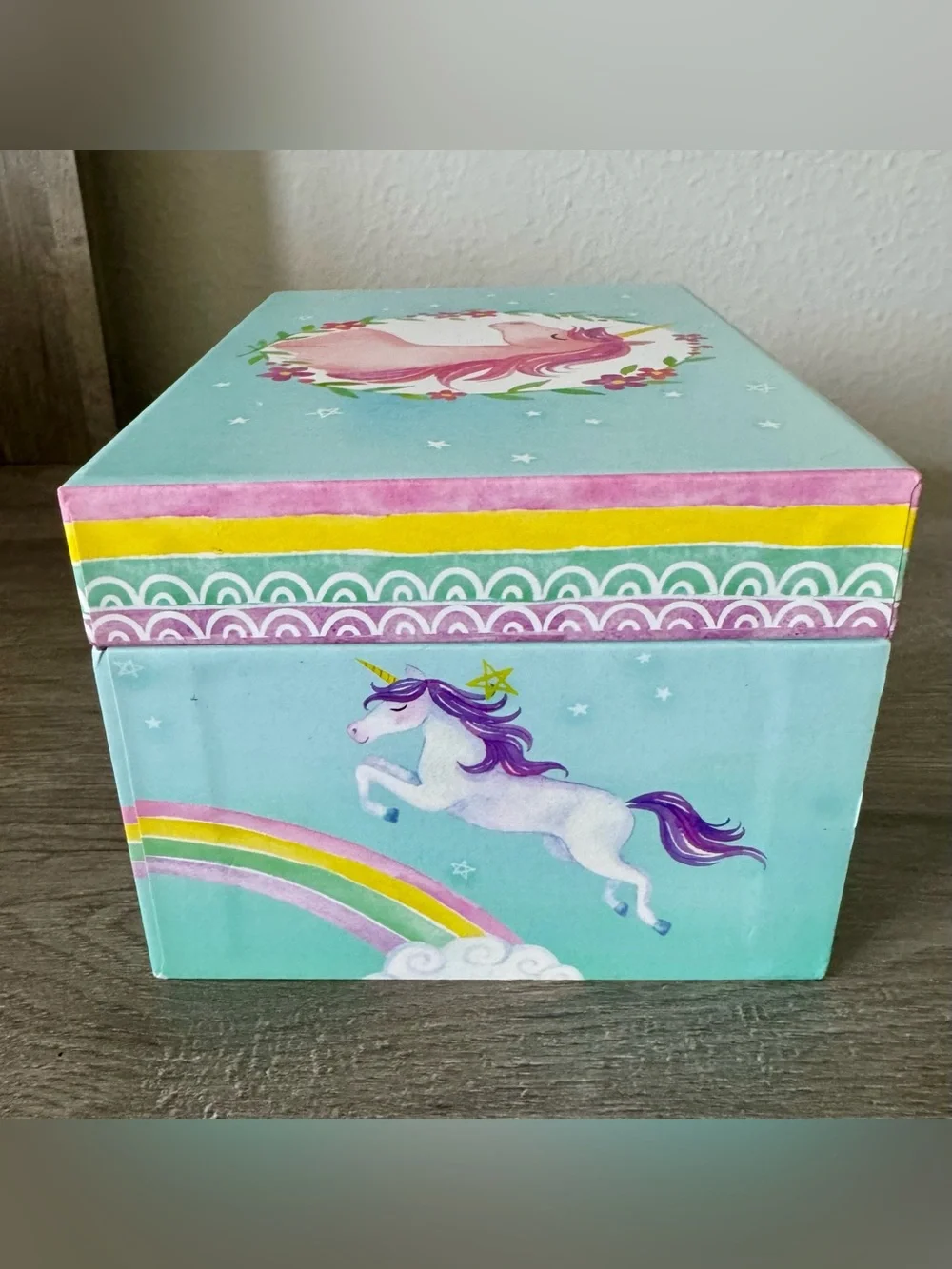 Girl's Musical Jewelry Storage Box with Spinning Unicorn, 6 x 4.65 x 3.5 inches